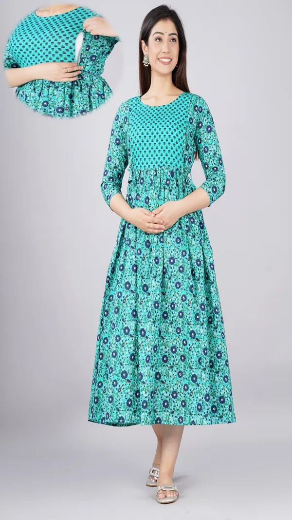 Turquoise_Floral_Print_Flared_Maternity_Nursing_Dress_With_Feeding_Access