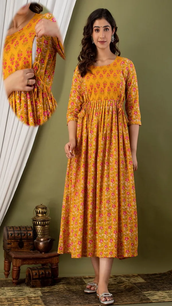 Yellow_Floral_Print_Gathered_Waist_Maternity_Dress_With_3/4_Sleeves