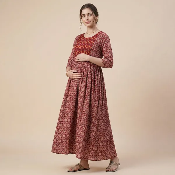 Red_Printed_Maternity_Maxi_Dress_With_Gathered_Waist