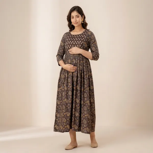 Brown_Printed_Maternity_Dress_With_Gathered_Waist