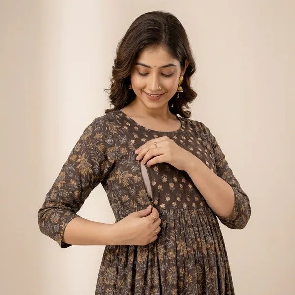 Brown_Printed_Maternity_Dress_With_Gathered_Waist