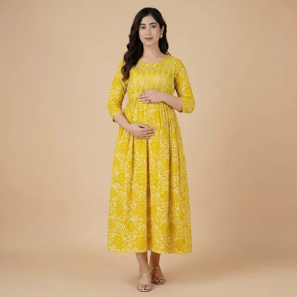 Yellow_Floral_Printed_A_Line_Maternity_Maxi_Dress_For_Women