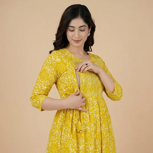 Yellow_Floral_Printed_A_Line_Maternity_Maxi_Dress_For_Women