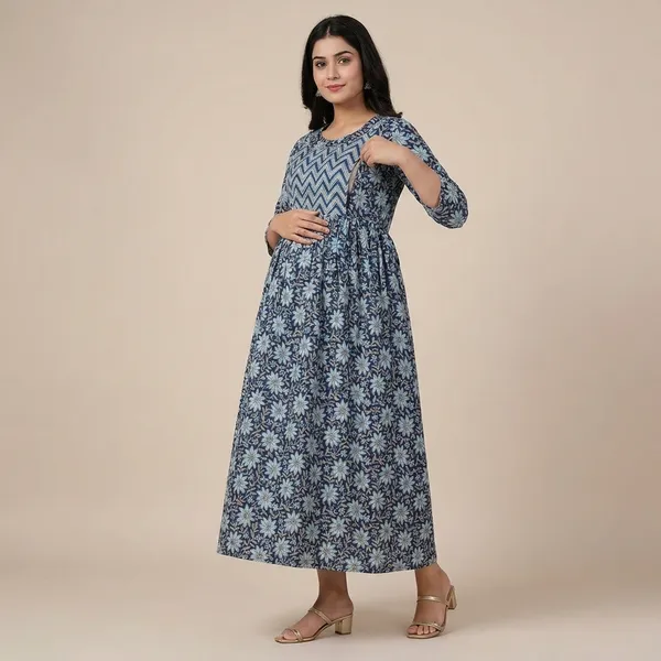 Blue_Floral_Print_Maternity_Maxi_Dress_With_Chevron_Pattern