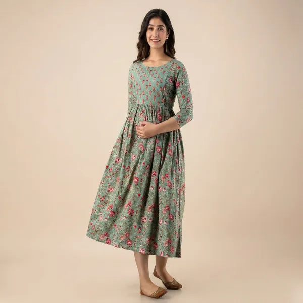 Green_Floral_Print_Gathered_Maternity_Dress_With_3/4_Sleeves