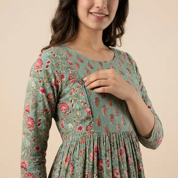 Green_Floral_Print_Gathered_Maternity_Dress_With_3/4_Sleeves