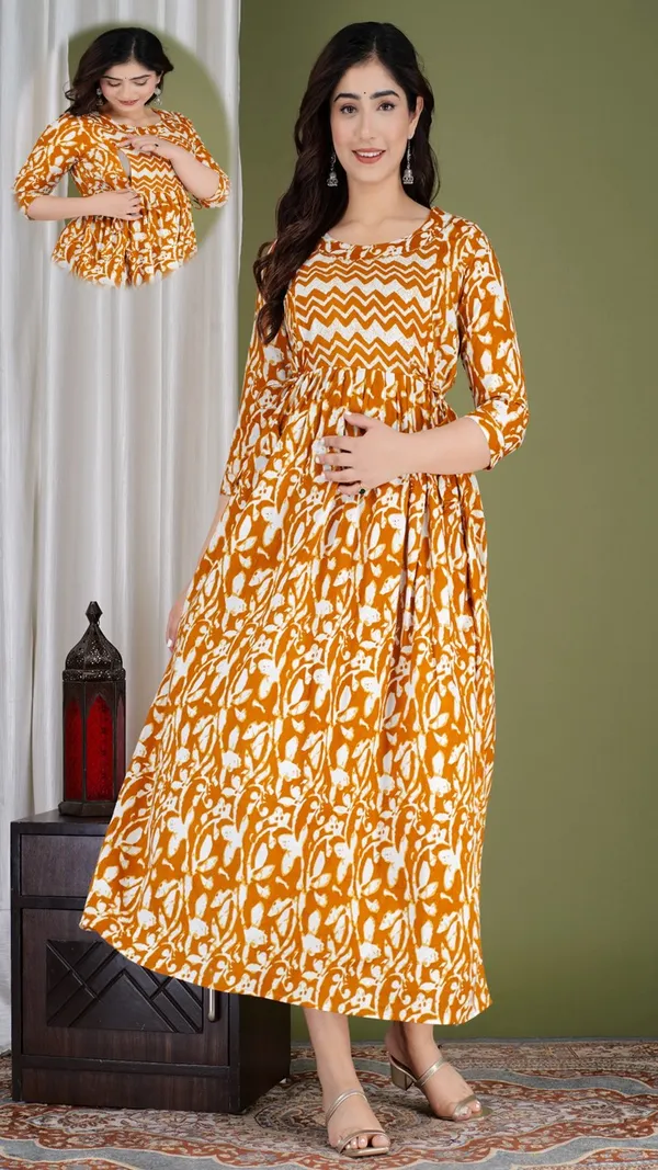 Mustard_Yellow_Printed_A_Line_Maternity_Maxi_Dress_With_Gathered_Waist_And_Three_Quarter_Sleeves