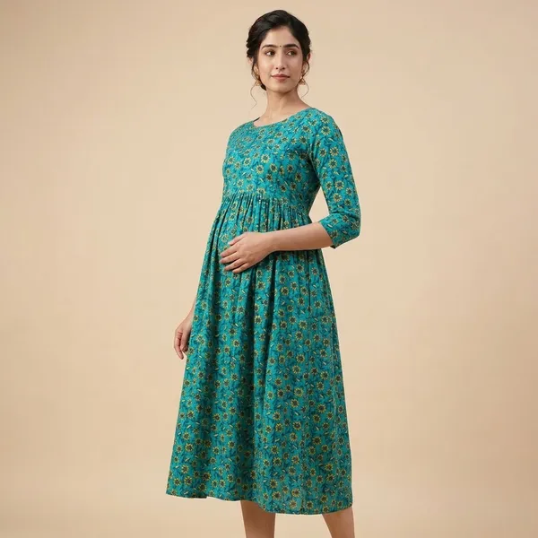 Floral_Print_Gathered_Maternity_Dress_Turquoise_Blue_With_Yellow_Flowers