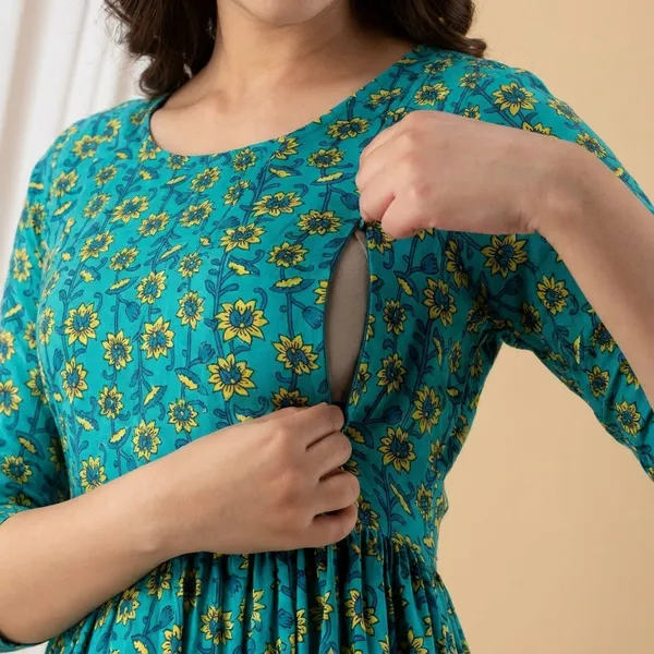 Floral_Print_Gathered_Maternity_Dress_Turquoise_Blue_With_Yellow_Flowers