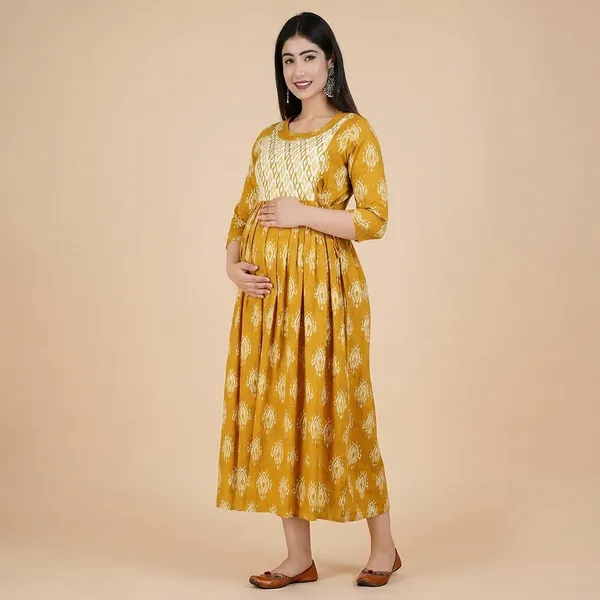 Yellow_Ikat_Print_Gathered_Fit_And_Flare_Maternity_Dress