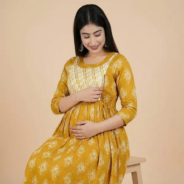 Yellow_Ikat_Print_Gathered_Fit_And_Flare_Maternity_Dress