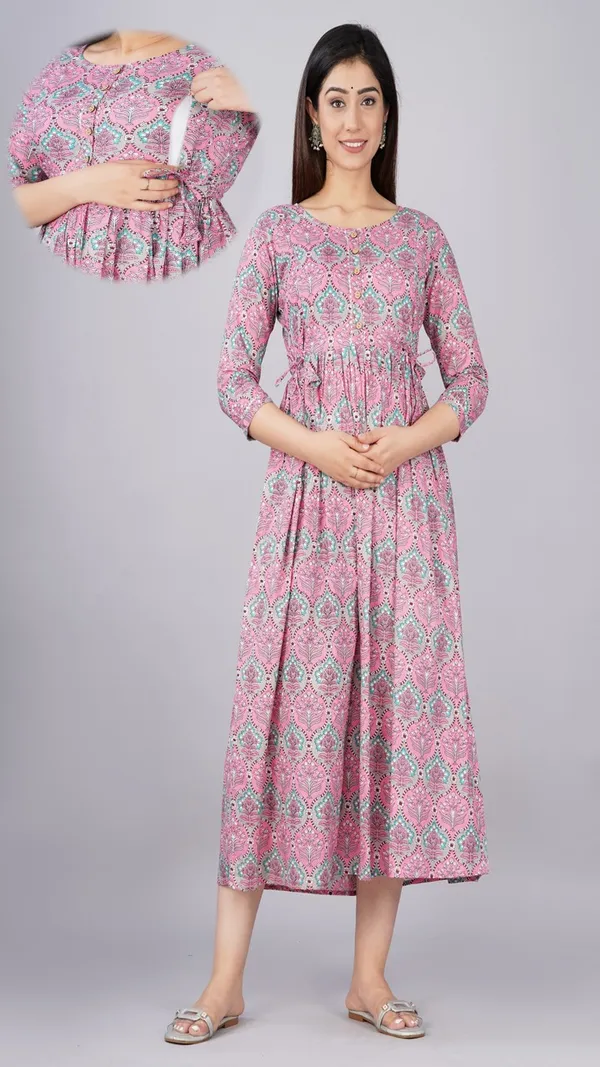 Pink_Floral_Print_A_Line_Maternity_Midi_Dress_With_Three_Quarter_Sleeves