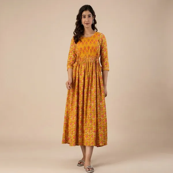 Yellow_Floral_Print_Gathered_Waist_Maternity_Dress_With_3/4_Sleeves