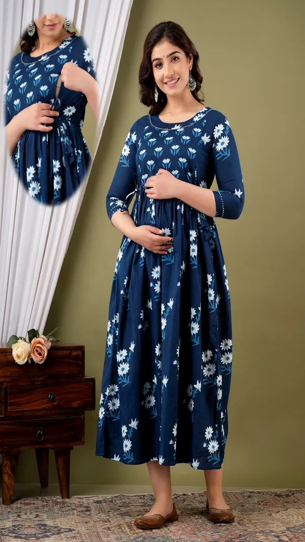 Navy_Blue_Floral_Print_Maternity_Dress_With_Drawstring_Waist