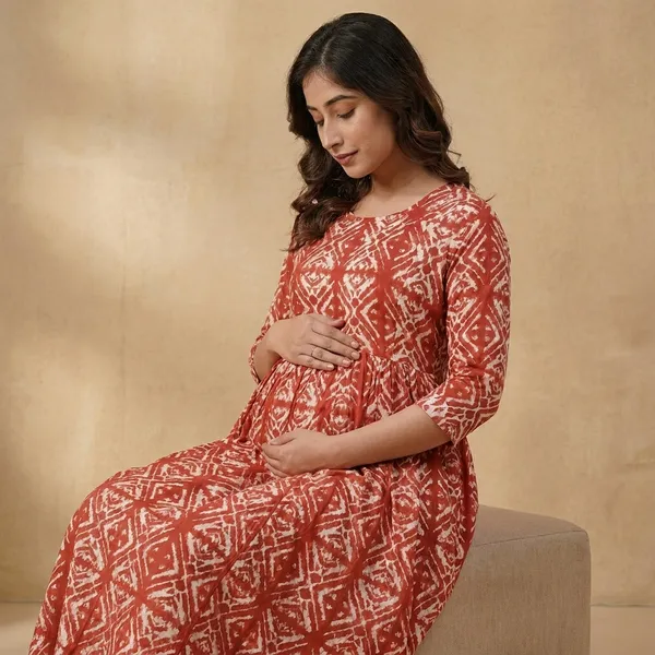 Red_And_White_Geometric_Print_Maternity_Maxi_Dress_With_3/4_Sleeves