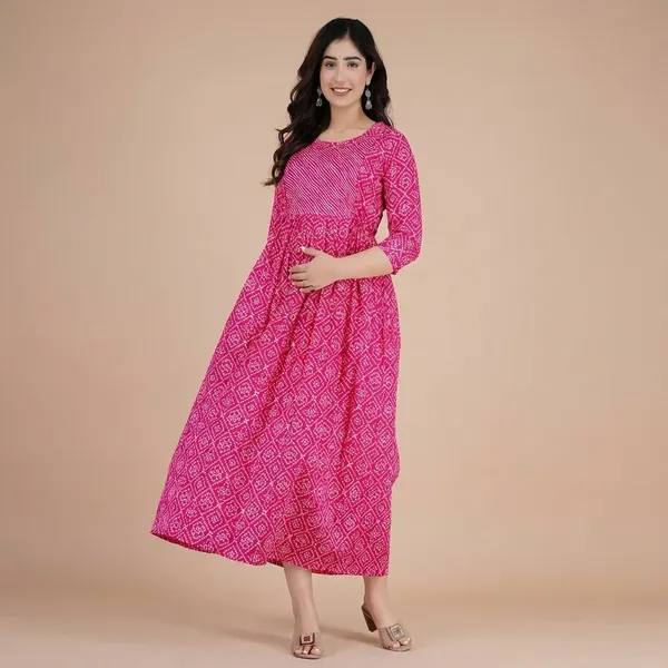 Womens_Pink_Bandhani_Print_A_Line_Maternity_Dress_With_3/4_Sleeves