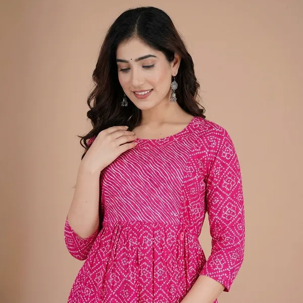 Womens_Pink_Bandhani_Print_A_Line_Maternity_Dress_With_3/4_Sleeves