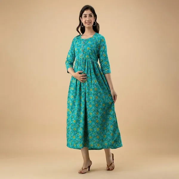 Turquoise_Floral_Print_Gathered_Maternity_Maxi_Dress_With_3/4_Sleeves