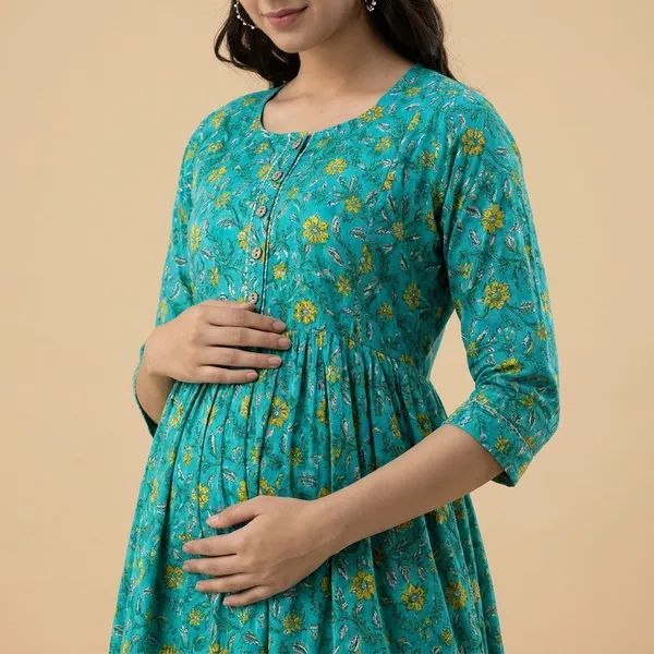 Turquoise_Floral_Print_Gathered_Maternity_Maxi_Dress_With_3/4_Sleeves
