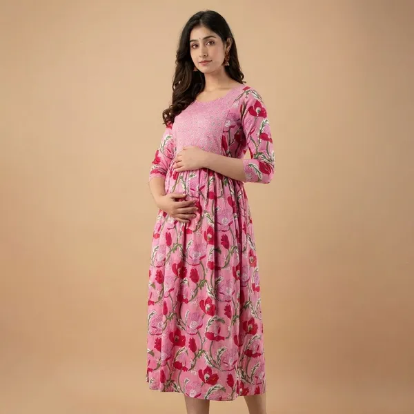 Pink_Floral_Print_A_Line_Maternity_Dress_With_Embellished_Bodice