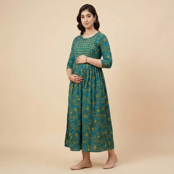 Womens_Teal_Green_Floral_Print_Maternity_Dress
