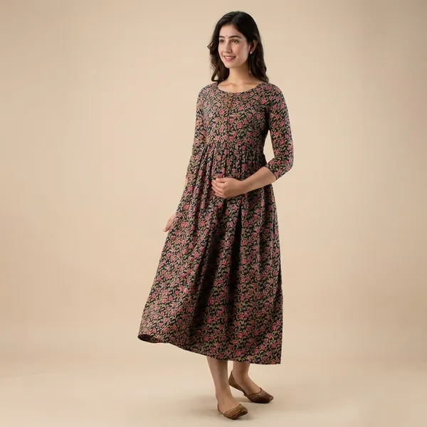 Floral_Print_Long_Sleeve_Gathered_Maternity_Dress