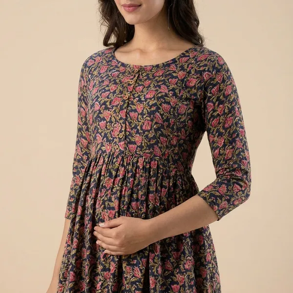 Floral_Print_Long_Sleeve_Gathered_Maternity_Dress