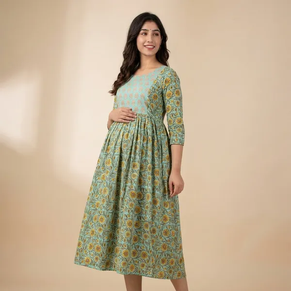Turquoise_And_Yellow_Floral_Print_Cotton_Gathered_Maternity_Dress_With_3/4_Sleeves