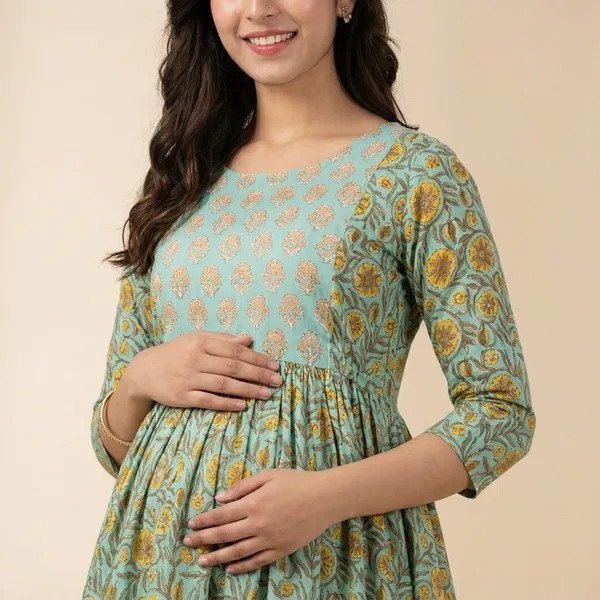 Turquoise_And_Yellow_Floral_Print_Cotton_Gathered_Maternity_Dress_With_3/4_Sleeves