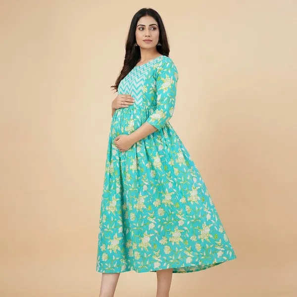 Turquoise_Blue_Floral_Print_Maternity_Dress_With_Chevron_Yoke_And_Adjustable_Waist