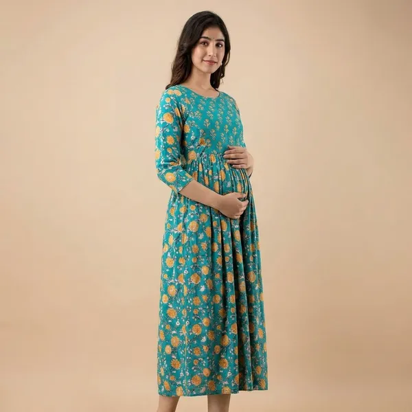 Turquoise_Blue_Floral_Printed_Maternity_Dress_With_Gathered_Waist_And_Full_Sleeves