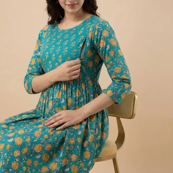 Turquoise_Blue_Floral_Printed_Maternity_Dress_With_Gathered_Waist_And_Full_Sleeves