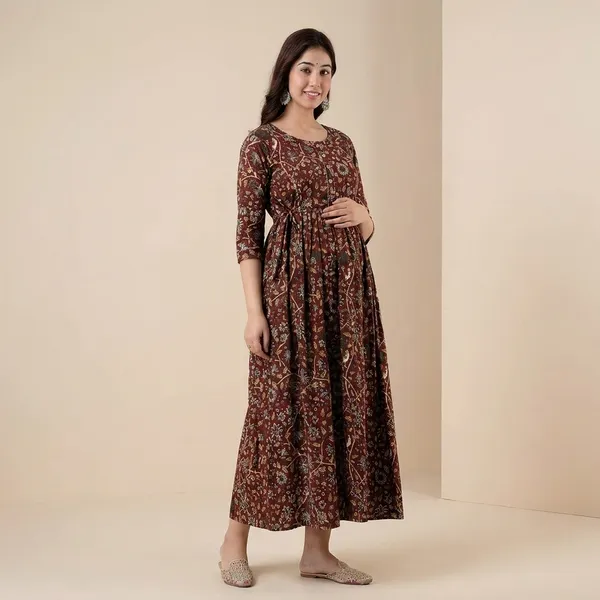 Brown_Floral_Print_Maternity_Maxi_Dress_With_Three_Quarter_Sleeves
