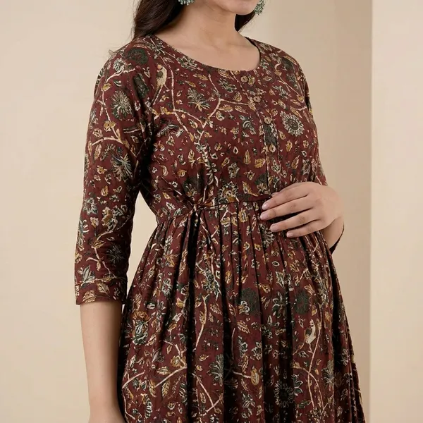 Brown_Floral_Print_Maternity_Maxi_Dress_With_Three_Quarter_Sleeves