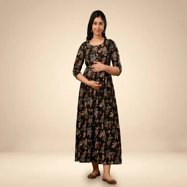 Black_Floral_Printed_Maternity_Dress_With_3/4_Sleeves