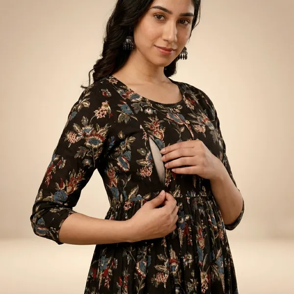 Black_Floral_Printed_Maternity_Dress_With_3/4_Sleeves