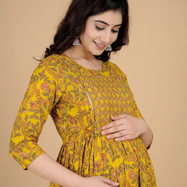Mustard_Yellow_Printed_Fit_And_Flare_Maternity_Dress_With_Smocked_Bodice