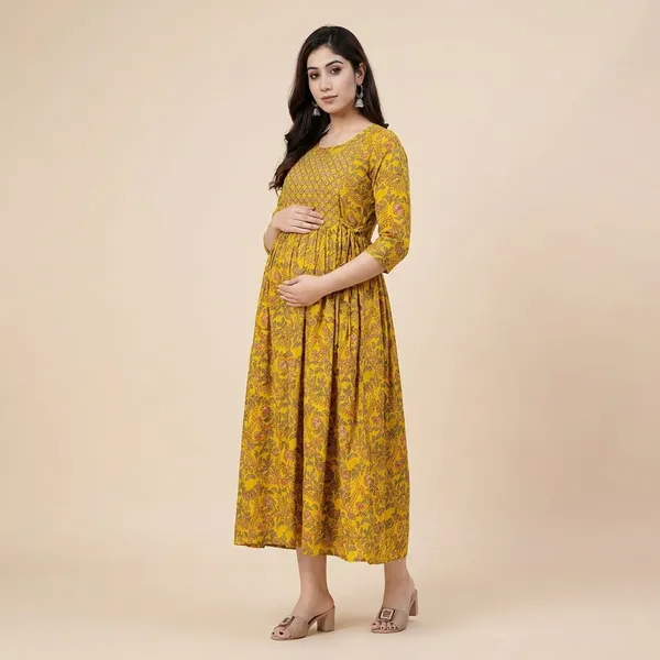 Mustard_Yellow_Printed_Fit_And_Flare_Maternity_Dress_With_Smocked_Bodice