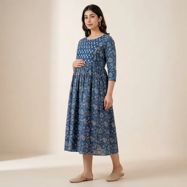 Blue_Printed_Maternity_A_Line_Dress_With_3/4_Sleeves