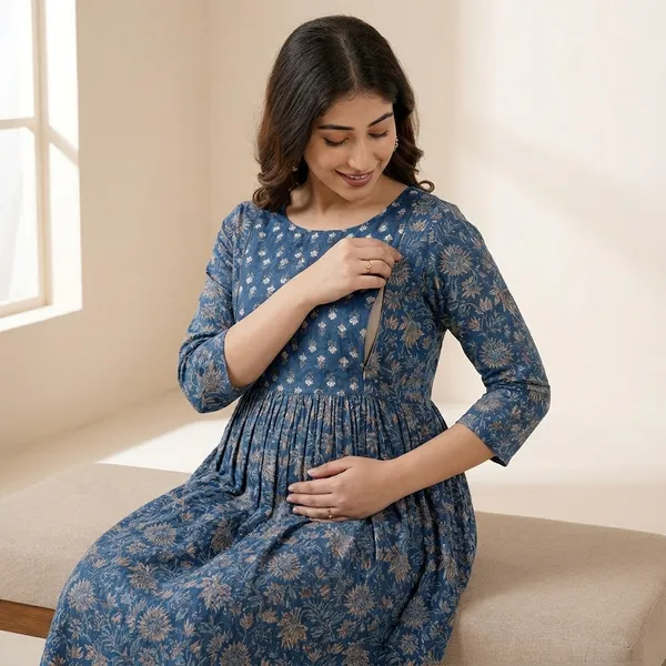 Blue_Printed_Maternity_A_Line_Dress_With_3/4_Sleeves