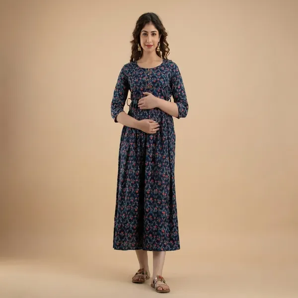 Navy_Blue_Floral_Printed_Maternity_Dress_With_Zipper_Detail