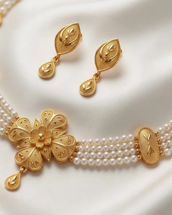 Filigree_Flower_With_Pearl_Strands_Necklace_Set