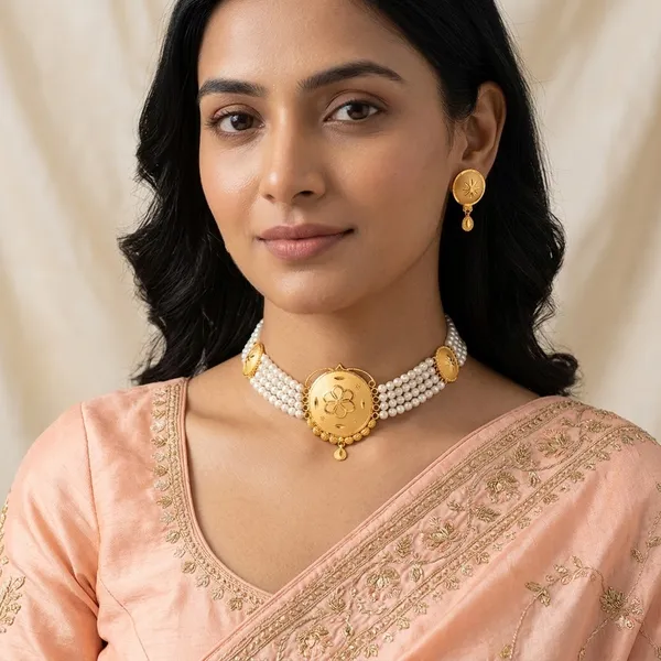 Floral_Medallion_With_Pearl_Strands_Necklace_Set