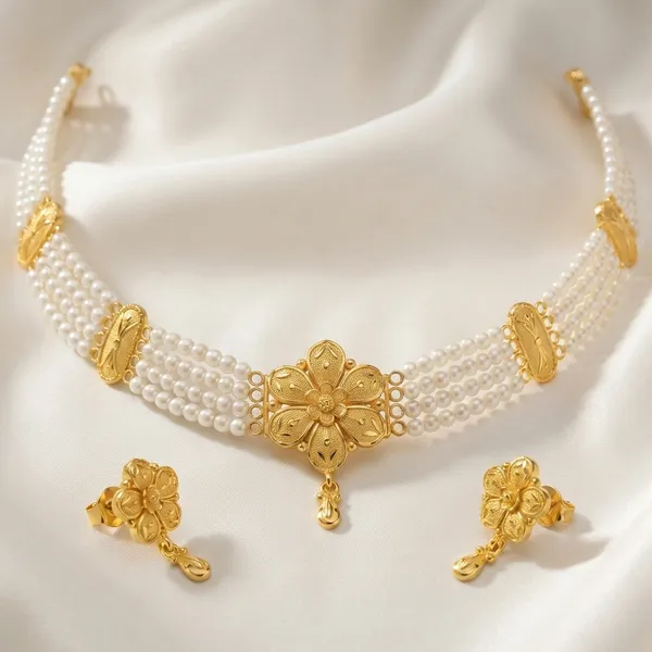 Teardrop_Petal_Flower_With_Pearl_Strands_Necklace_Set