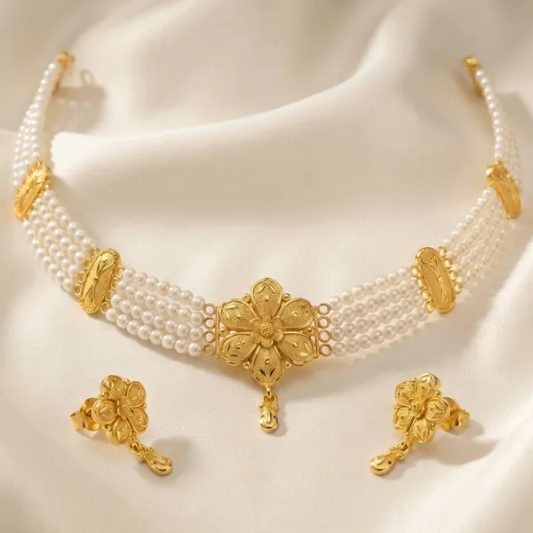 Teardrop_Petal_Flower_With_Pearl_Strands_Necklace_Set