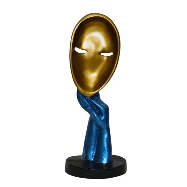 Decorative_Golden_Mask_With_Blue_Hand_Sculpture_On_Black_Base