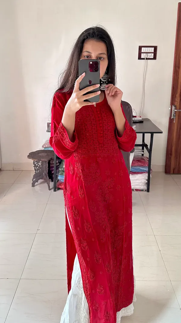 Red_Chikankari_Kurti_Set_With_Dupatta_For_Women