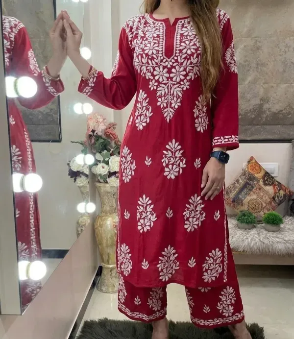 Red_Rayon_Cotton_Chikankari_Embroidery_Kurta_With_Palazzo_For_Women
