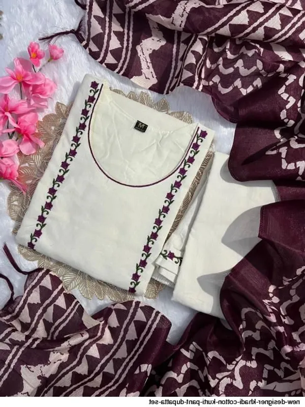 Ivory_Khadi_Cotton_Thread_Embroidered_Kurta_With_Pant_Dupatta_For_Women