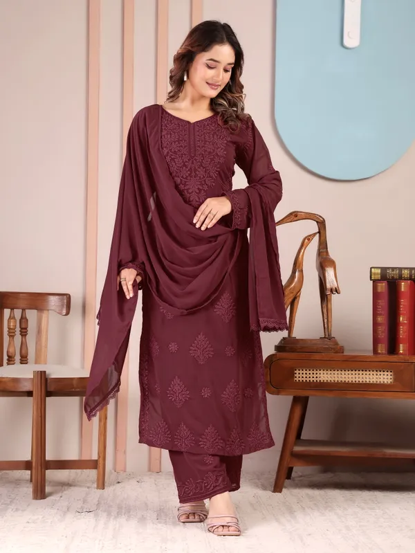 Dusty_Burgundy_Chikankari_Faux_Georgette_Embroidered_Kurta_Palazzo_Dupatta_Set_For_Women